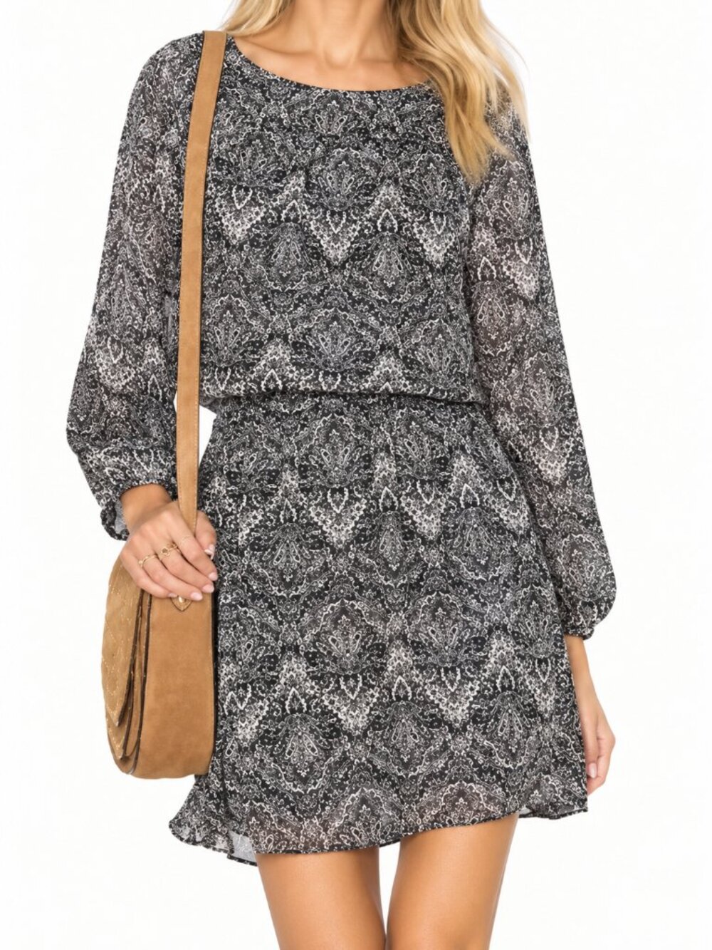 Joie Amedeo 100% Silk Paisley Drop Waist Dress Black White Size M